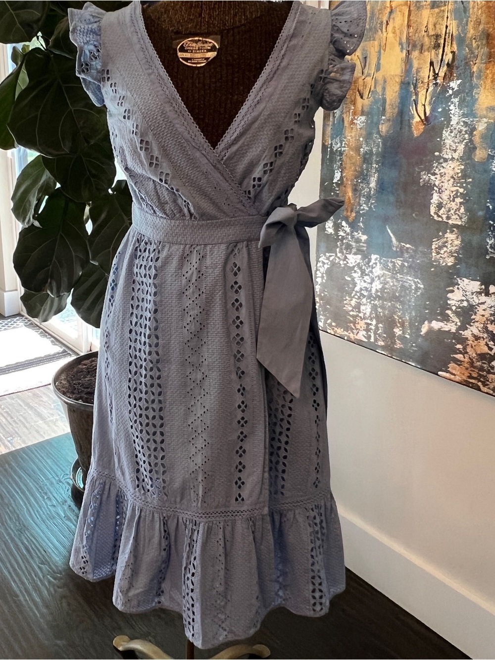 J. Crew Light Blue Eyelet Wrap Midi Dress with Tie Waist